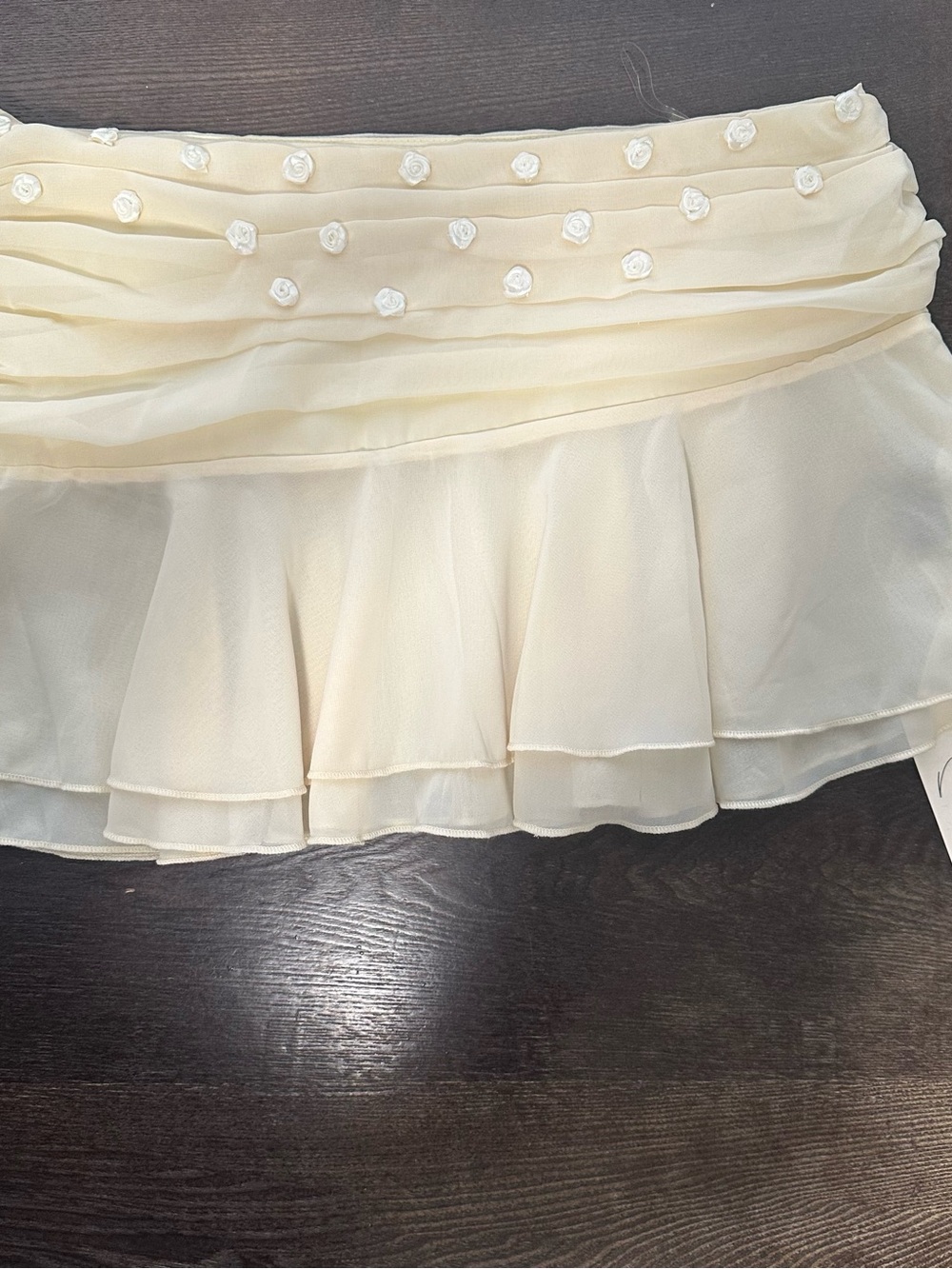 Cream Tiered Chiffon Mini Skirt with Rosette Trim